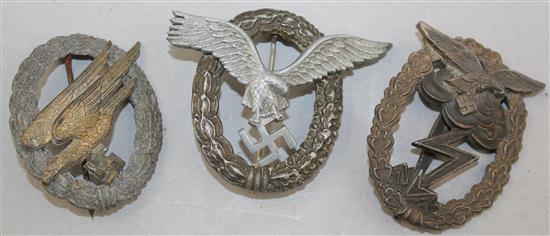 Five German Third Reich Luftwaffe badges,